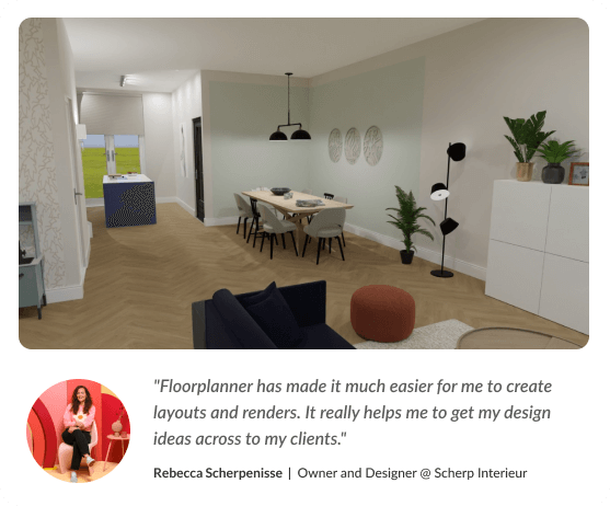 Screenshot of Floorplanner interface with positive user review for professionals
