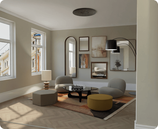 Een schermafbeelding van een interieur render gemaakt door Floorplanner