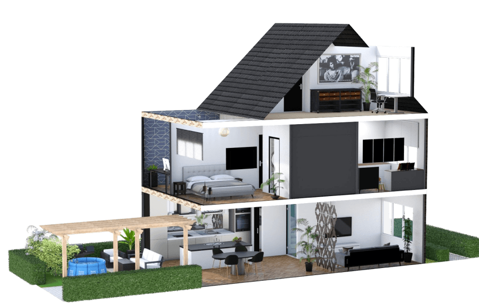 Dollhouse view render with multiple floors made withFloorplanner Plus subscription features