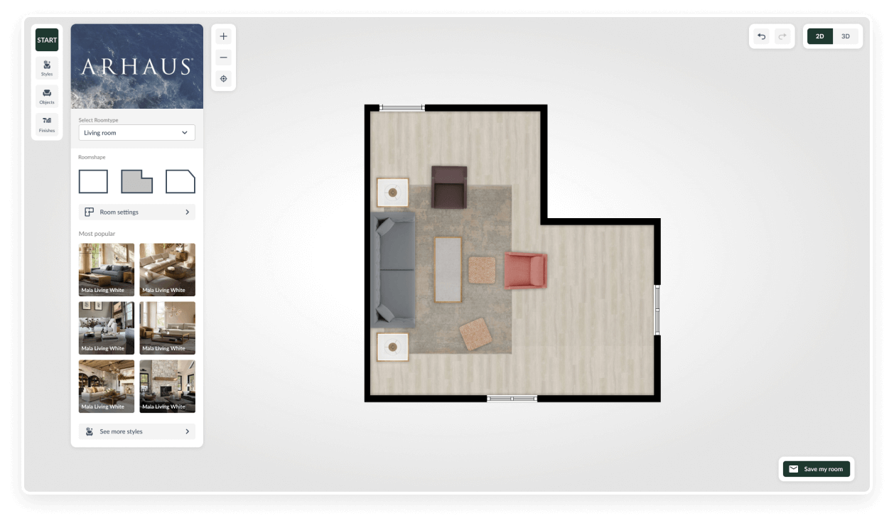 A Roomplanner Kiosk touch screen table being shown in a furniture retailer store