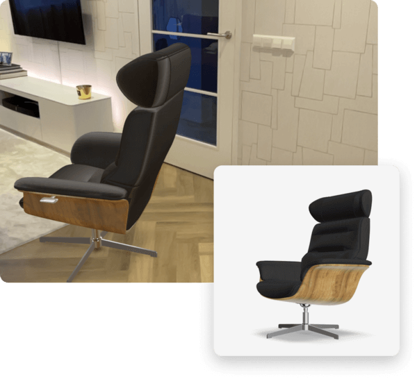 Mobile phone showing AR product placement using Floorplanner Product Viewer