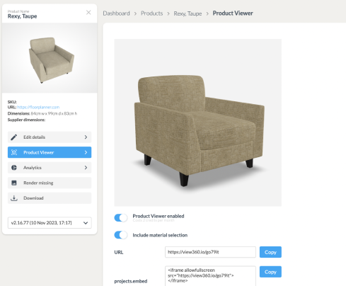 Screenshot showing easy setup for Floorplanner Product Viewer in dashboard