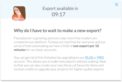 Image indicating no export cooldown period for Floorplanner Pro