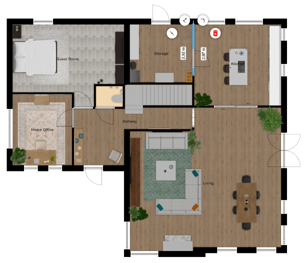 top weergave van een gekleurde 2D-plattegrond gemaakt door Floorplanner
