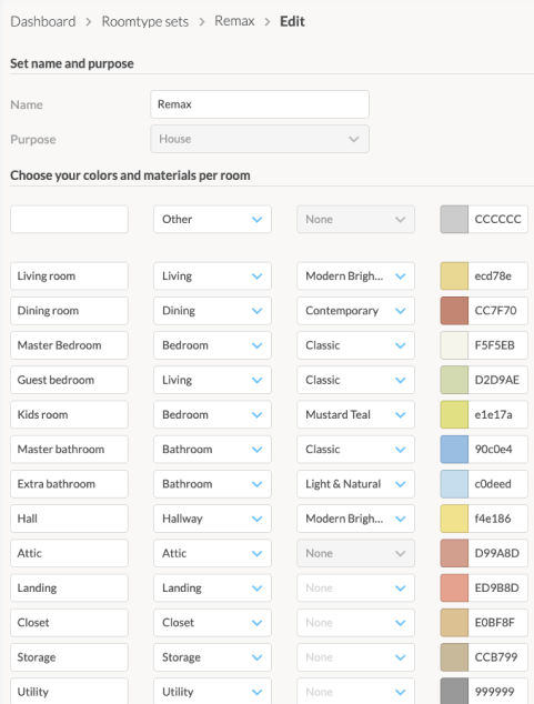 Example of custom roomtype sets feature in Floorplanner Pro