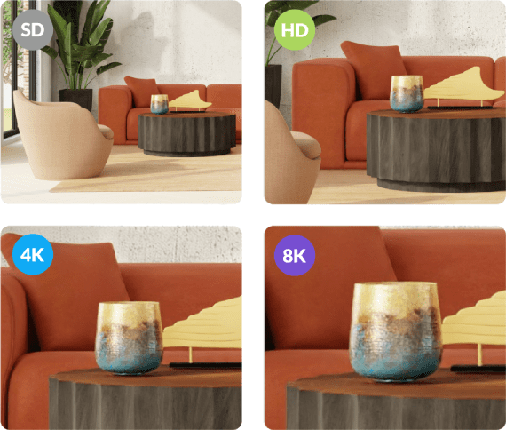 Comparison of 3D render quality at different Floorplanner project levels (SD, HD, 4K, 8K)