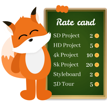 Floxie mascot illustrating Floorplanner's transparent, usage-based pricing for retail