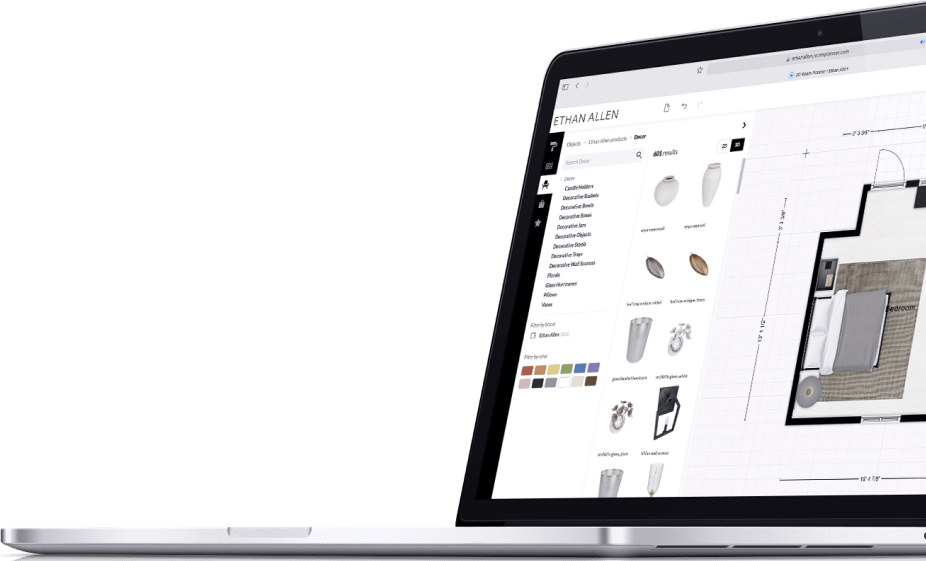 Laptop showing Floorplanner interface with interior design products